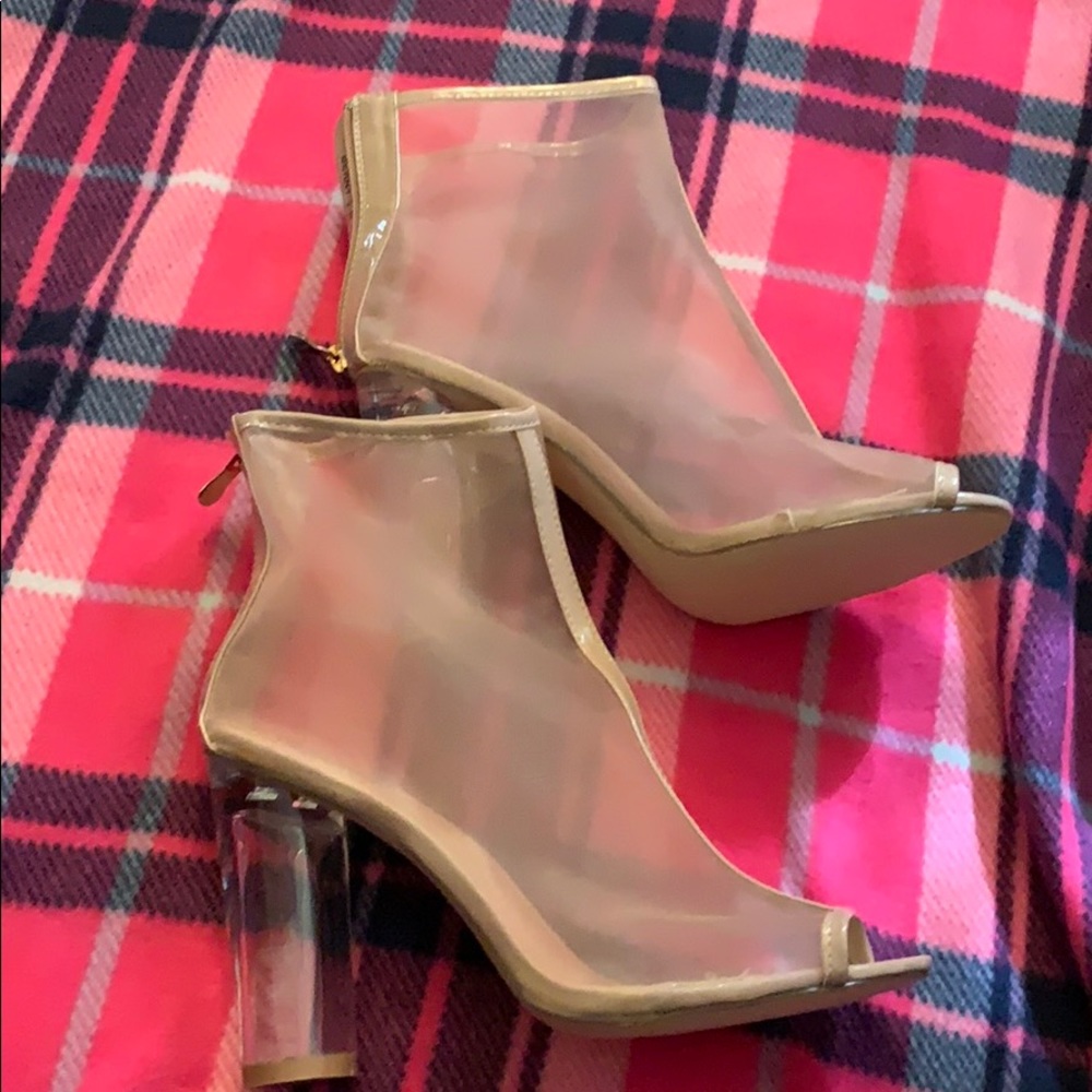 Tan mesh peep toe sandals